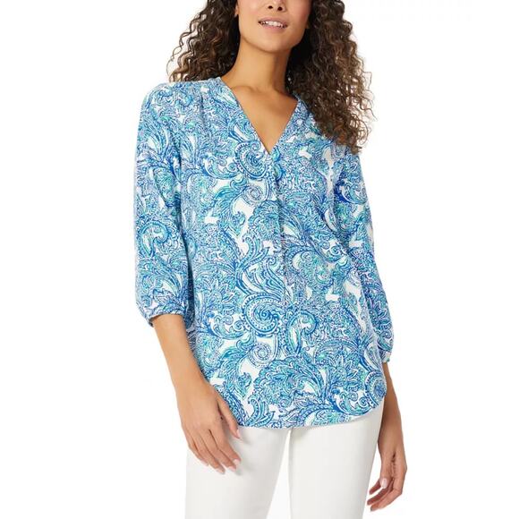 Jones New York Womens Linen Blend Kelly Paisley Print Blouse Plus Size 2X V Neck - Picture 1 of 11